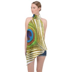 Peacock Feather Plumage Colorful Halter Asymmetric Satin Top by Sapixe