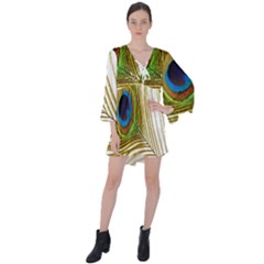 Peacock Feather Plumage Colorful V-neck Flare Sleeve Mini Dress