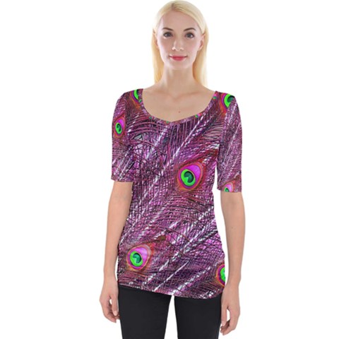 Peacock Feathers Color Plumage Wide Neckline Tee by Sapixe