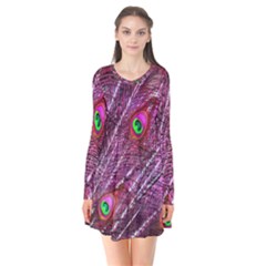 Peacock Feathers Color Plumage Long Sleeve V-neck Flare Dress by Sapixe