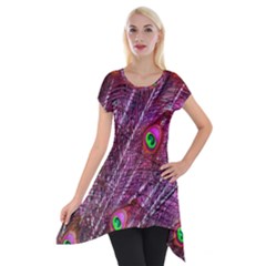 Peacock Feathers Color Plumage Short Sleeve Side Drop Tunic by Sapixe