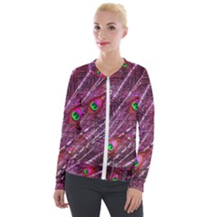 Peacock Feathers Color Plumage Velour Zip Up Jacket by Sapixe