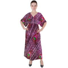 Peacock Feathers Color Plumage V-neck Boho Style Maxi Dress by Sapixe