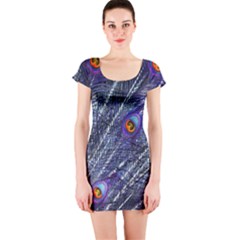 Peacock Feathers Color Plumage Blue Short Sleeve Bodycon Dress by Sapixe