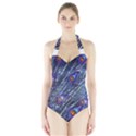 Peacock Feathers Color Plumage Blue Halter Swimsuit View1