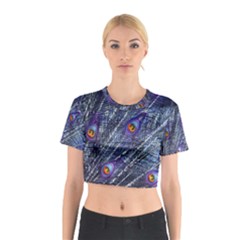 Peacock Feathers Color Plumage Blue Cotton Crop Top by Sapixe