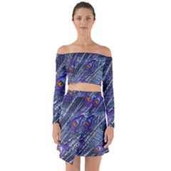 Peacock Feathers Color Plumage Blue Off Shoulder Top With Skirt Set by Sapixe