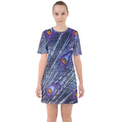 Peacock Feathers Color Plumage Blue Sixties Short Sleeve Mini Dress by Sapixe