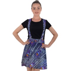 Peacock Feathers Color Plumage Blue Velvet Suspender Skater Skirt by Sapixe