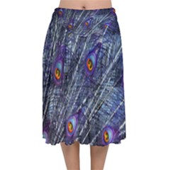 Peacock Feathers Color Plumage Blue Velvet Flared Midi Skirt by Sapixe