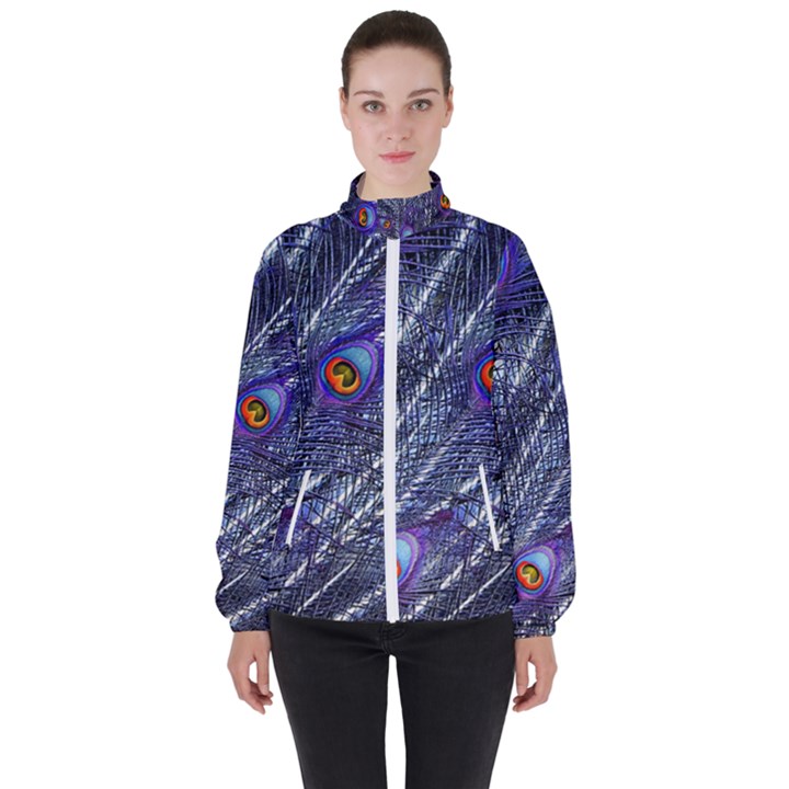 Peacock Feathers Color Plumage Blue Women s High Neck Windbreaker