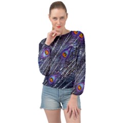 Peacock Feathers Color Plumage Blue Banded Bottom Chiffon Top by Sapixe