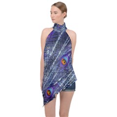 Peacock Feathers Color Plumage Blue Halter Asymmetric Satin Top by Sapixe