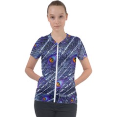 Peacock Feathers Color Plumage Blue Short Sleeve Zip Up Jacket by Sapixe