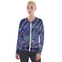 Peacock Feathers Color Plumage Blue Velour Zip Up Jacket by Sapixe