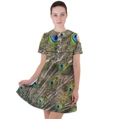 Peacock Feathers Color Plumage Green Short Sleeve Shoulder Cut Out Dress  by Sapixe