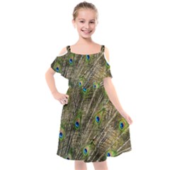 Peacock Feathers Color Plumage Green Kids  Cut Out Shoulders Chiffon Dress by Sapixe