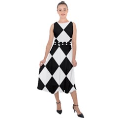 Grid Domino Bank And Black Midi Tie-back Chiffon Dress by Sapixe