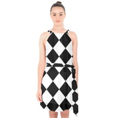 Grid Domino Bank And Black Halter Collar Waist Tie Chiffon Dress by Sapixe