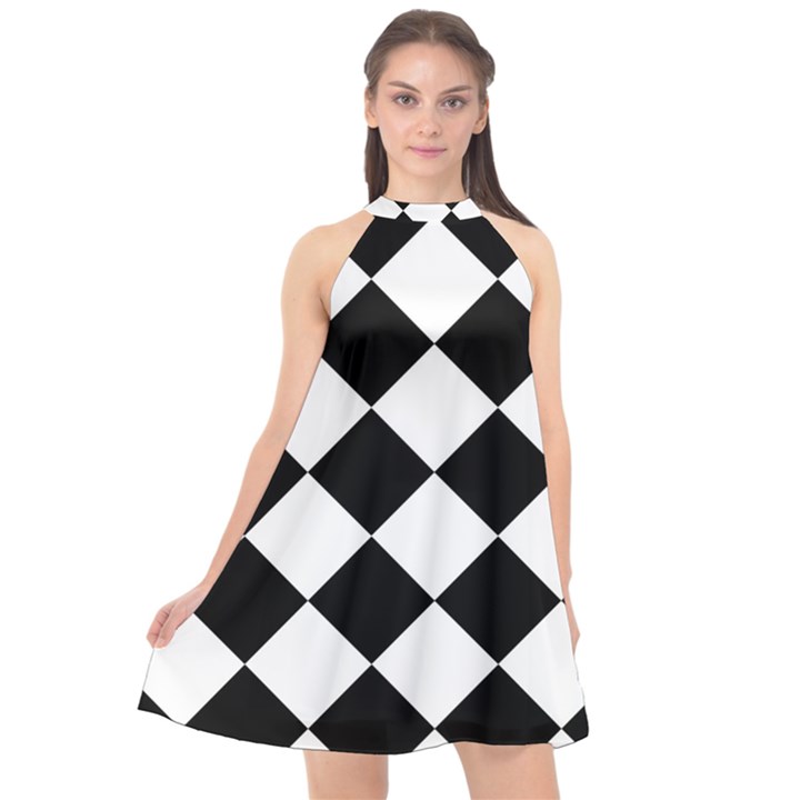 Grid Domino Bank And Black Halter Neckline Chiffon Dress 