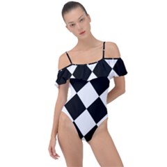 Grid Domino Bank And Black Frill Detail One Piece Swimsuit