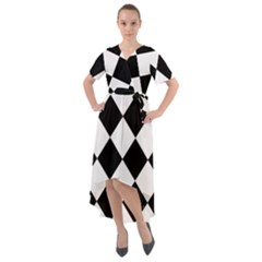 Grid Domino Bank And Black Front Wrap High Low Dress