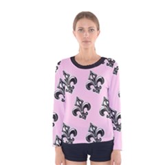 French France Fleur De Lys Metal Pattern Black And White Antique Vintage Pink And Black Rocker Women s Long Sleeve Tee