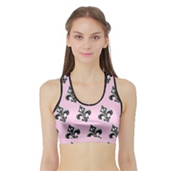 French France Fleur De Lys Metal Pattern Black And White Antique Vintage Pink And Black Rocker Sports Bra With Border by Quebec