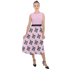 French France Fleur De Lys Metal Pattern Black And White Antique Vintage Pink And Black Rocker Midi Tie-back Chiffon Dress