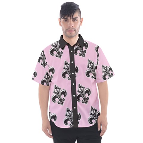 French France Fleur De Lys Metal Pattern Black And White Antique Vintage Pink And Black Rocker Men s Short Sleeve Shirt by Quebec