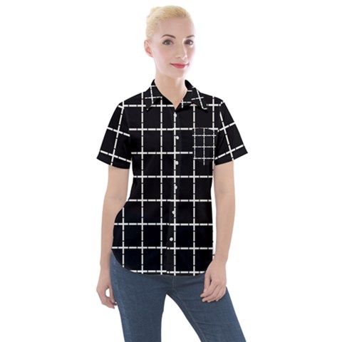 Pattern Carreaux Blanc/noir Women s Short Sleeve Pocket Shirt by kcreatif