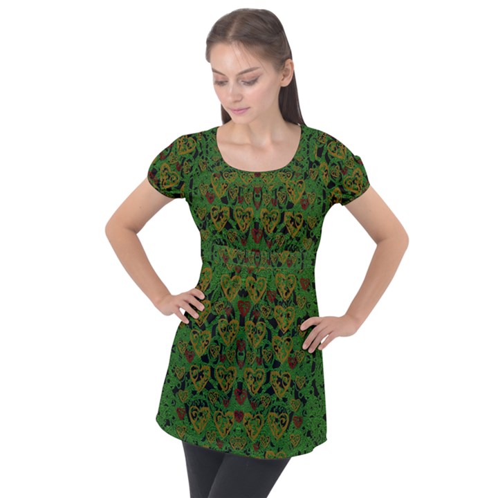 Love The Hearts On Green Puff Sleeve Tunic Top