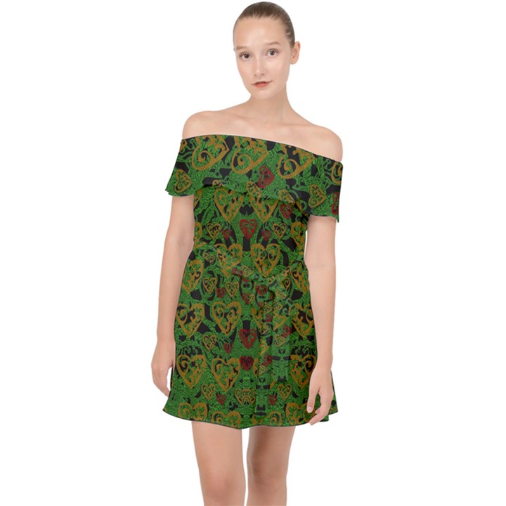 Love The Hearts On Green Off Shoulder Chiffon Dress