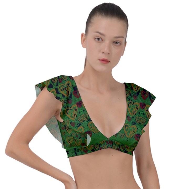 Love The Hearts On Green Plunge Frill Sleeve Bikini Top