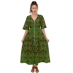 Love The Hearts On Green Kimono Sleeve Boho Dress