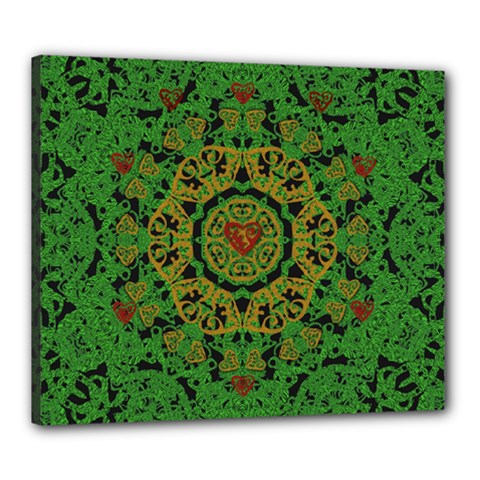 Love The Hearts  Mandala On Green Canvas 24  X 20  (stretched) by pepitasart