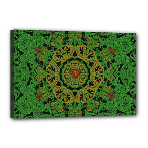 Love The Hearts  Mandala On Green Canvas 18  X 12  (stretched) by pepitasart