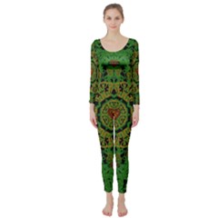 Love The Hearts  Mandala On Green Long Sleeve Catsuit by pepitasart