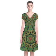 Love The Hearts  Mandala On Green Short Sleeve Front Wrap Dress by pepitasart