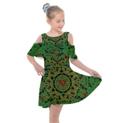 Love The Hearts  Mandala On Green Kids  Shoulder Cutout Chiffon Dress by pepitasart