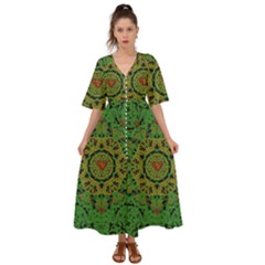 Love The Hearts  Mandala On Green Kimono Sleeve Boho Dress