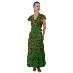 Love The Hearts  Mandala On Green Flutter Sleeve Maxi Dress