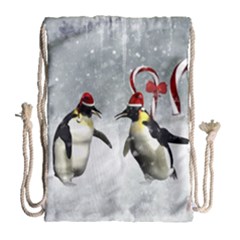 Funny Penguin In A Winter Landscape Drawstring Bag (large) by FantasyWorld7