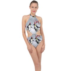 Funny Penguin In A Winter Landscape Halter Side Cut Swimsuit by FantasyWorld7