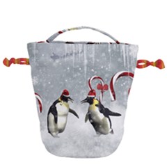 Funny Penguin In A Winter Landscape Drawstring Bucket Bag by FantasyWorld7