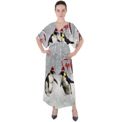 Funny Penguin In A Winter Landscape V-neck Boho Style Maxi Dress by FantasyWorld7