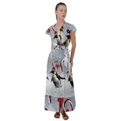 Funny Penguin In A Winter Landscape Flutter Sleeve Maxi Dress by FantasyWorld7