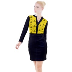 Gadsden Flag Don t Tread On Me Yellow And Black Pattern With American Stars Button Long Sleeve Dress