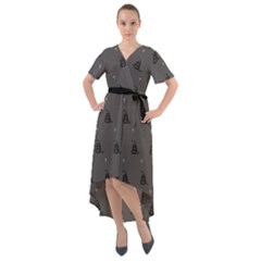 Gadsden Flag Don t Tread On Me Black And Gray Snake And Metal Gothic Crosses Front Wrap High Low Dress by snek