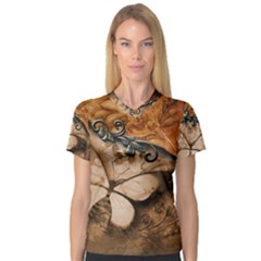 Wonderful Floral Design With Butterflies V-neck Sport Mesh Tee